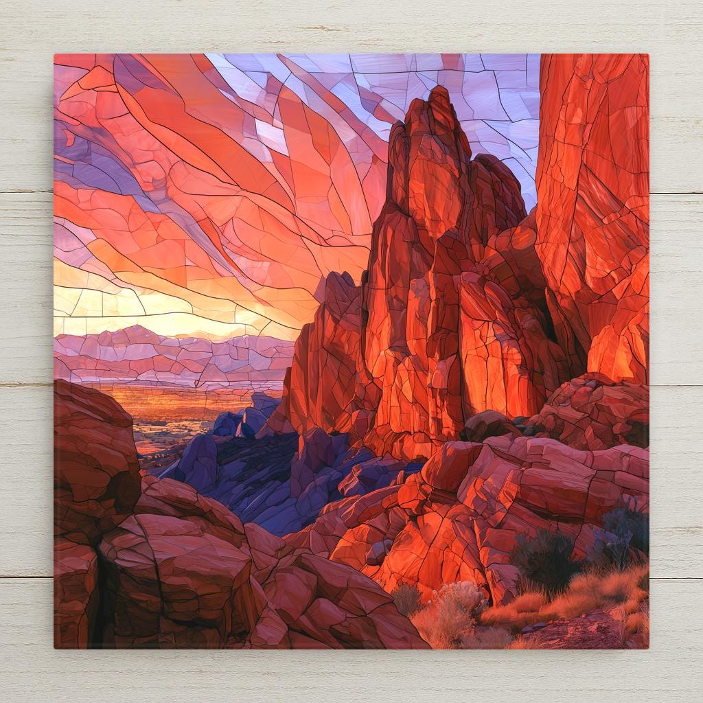 Stained glass style ceramic art tile of towering red sandstone rock formations at sunrise, coral and violet mosaic sky, purple shadowed boulders and distant golden plains