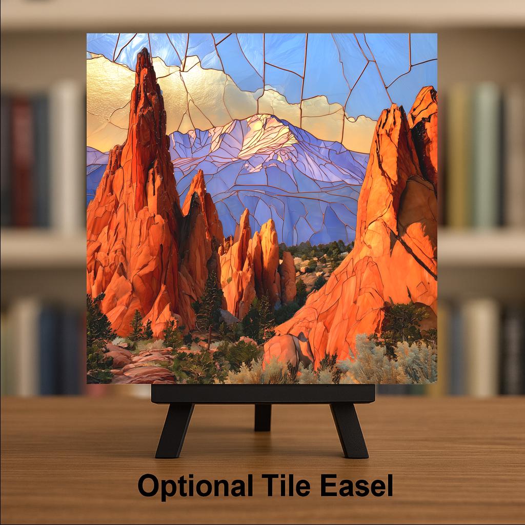 Pikes Peak Wall Art Ceramic Tile Stained Glass Style Garden of the Gods Colorado Red Rock Spires Mountain Nature Art