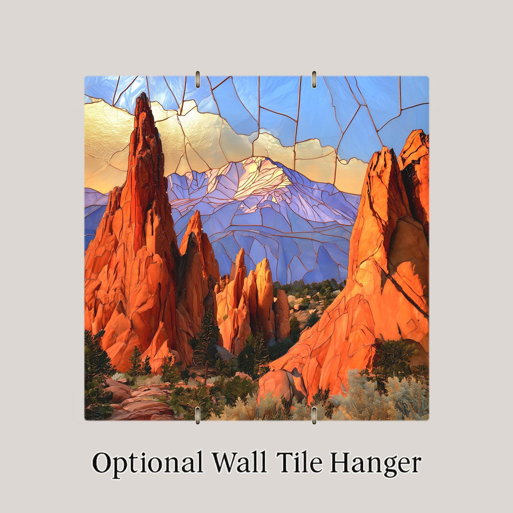 Pikes Peak Wall Art Ceramic Tile Stained Glass Style Garden of the Gods Colorado Red Rock Spires Mountain Nature Art