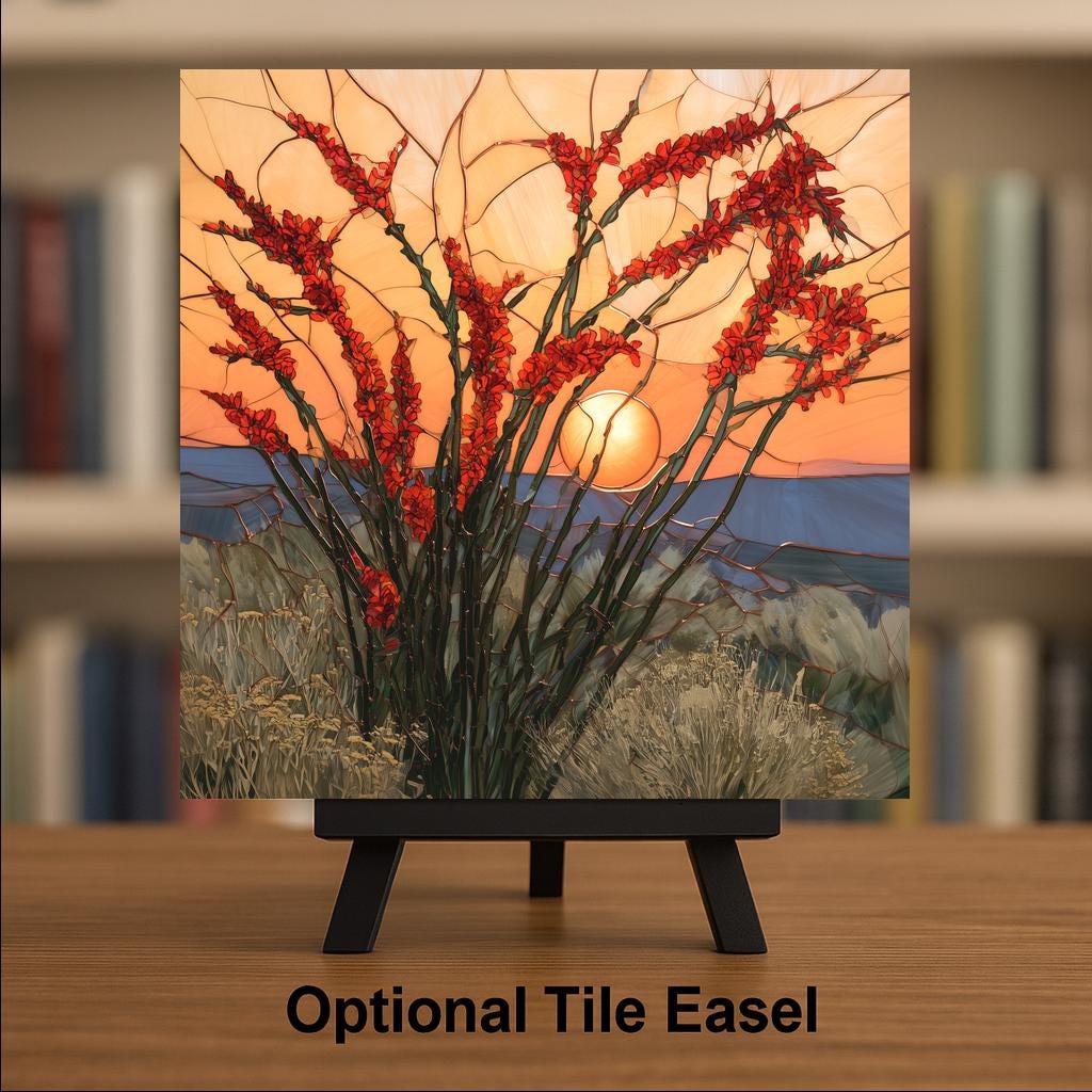 Ocotillo Wall Art Ceramic Tile Southwestern Wall Art Desert Sunset Red Bloom Stained Glass Style Arizona Nature Art