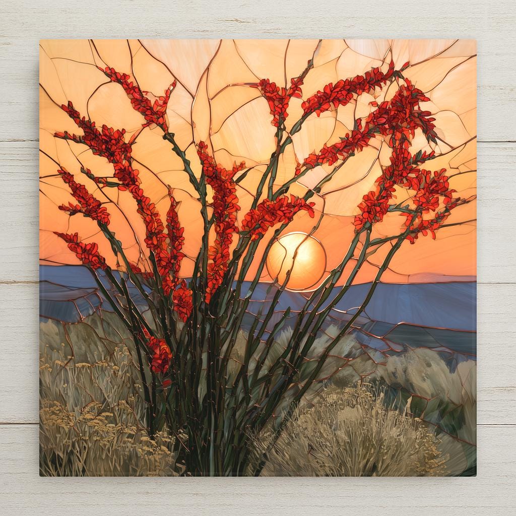 Stained glass style ceramic art tile of an ocotillo in full red bloom, whip-like green canes tipped with flame red flowers against an amber sunset sun and blue desert mountains