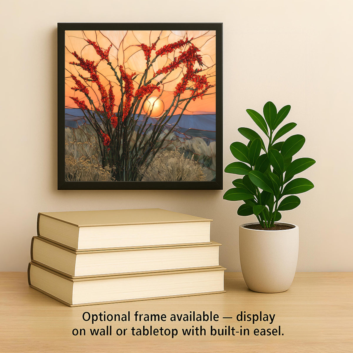 Ocotillo Wall Art Ceramic Tile Southwestern Wall Art Desert Sunset Red Bloom Stained Glass Style Arizona Nature Art