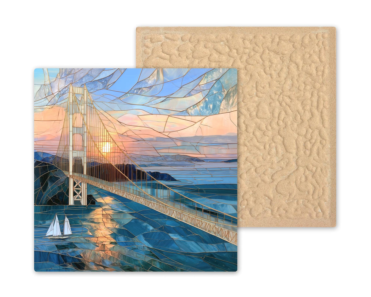 Mackinac Bridge Wall Art Ceramic Tile Stained Glass Style Michigan Great Lakes Sunset Sailboat Lake House Nature Art
