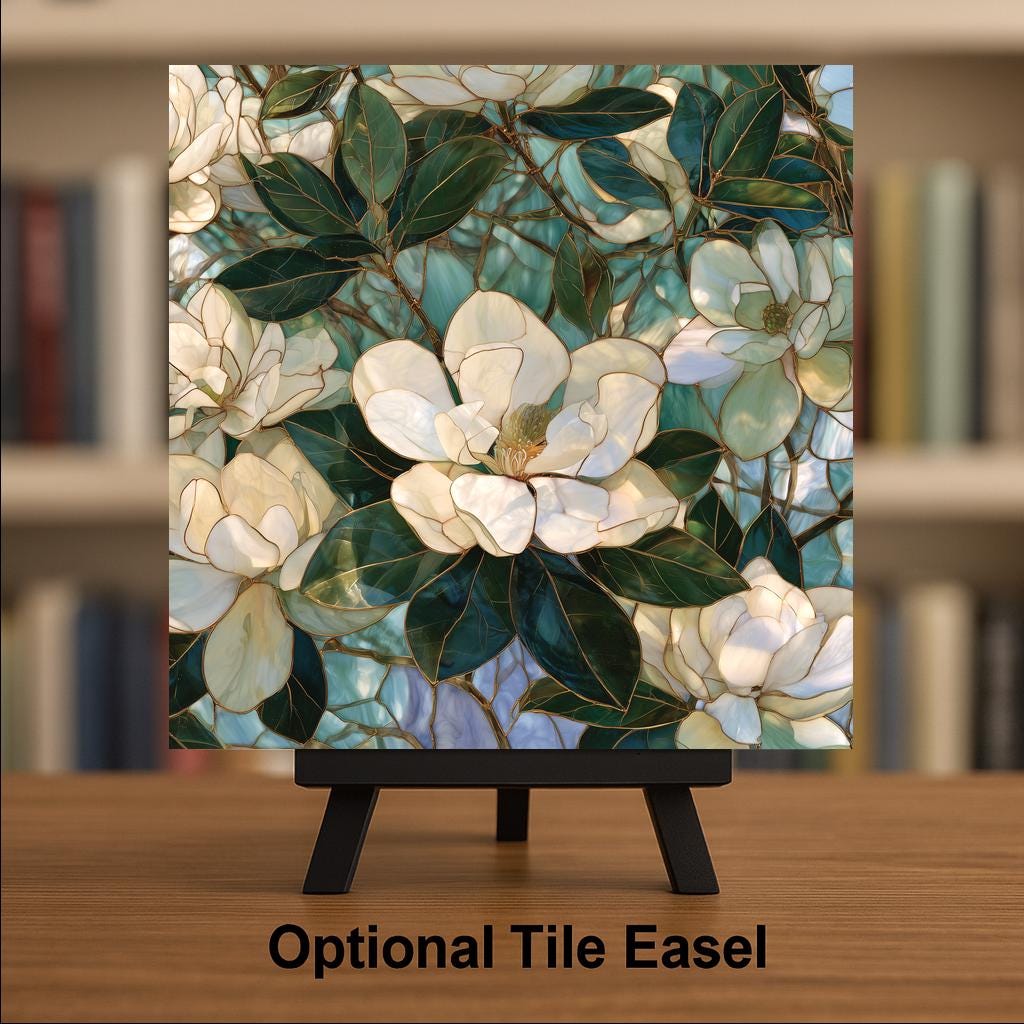 Magnolia Wall Art Ceramic Tile Stained Glass Style Southern Magnolia Tree White Flower Mississippi State Bloom Nature Art