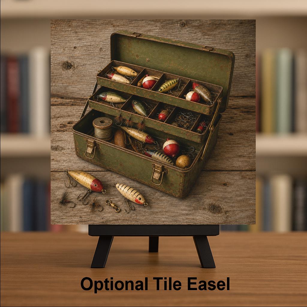 Vintage Tackle Box Ceramic Tile Wall Art Fly Fishing Cabin Decor Antique Lures Lake House Art Rustic Lodge Fisherman Decor