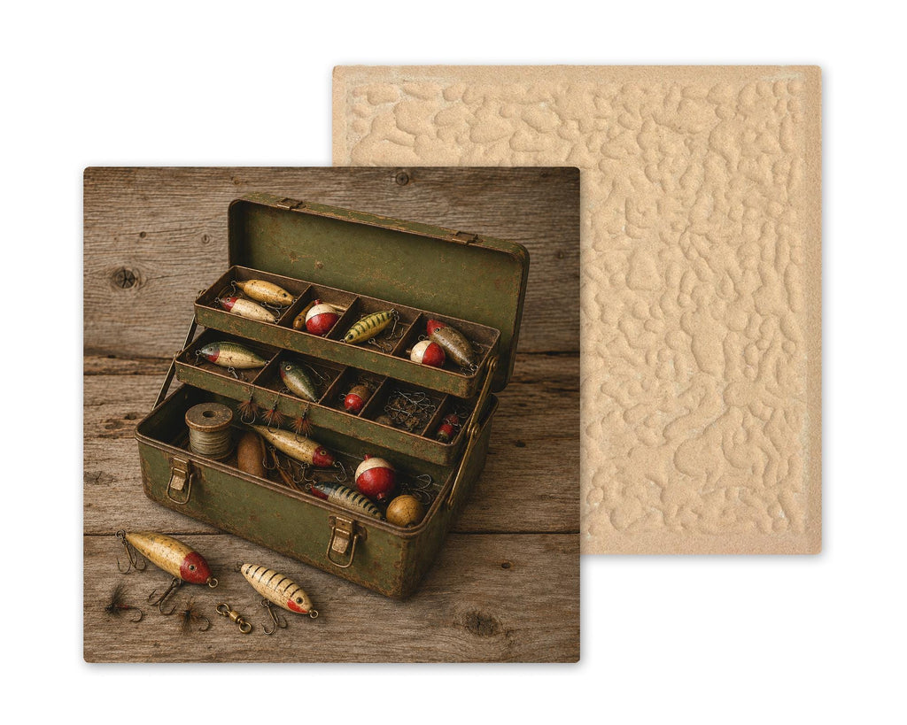 Vintage Tackle Box Ceramic Tile Wall Art Fly Fishing Cabin Decor Antique Lures Lake House Art Rustic Lodge Fisherman Decor