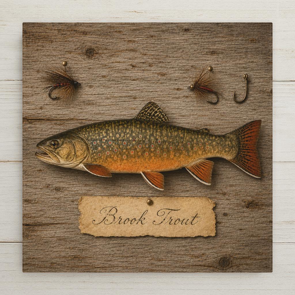 Brook trout ceramic tile art in vintage specimen plate style with a hand-painted-style brook trout, tied fly fishing flies and an aged paper name label on weathered barnwood
