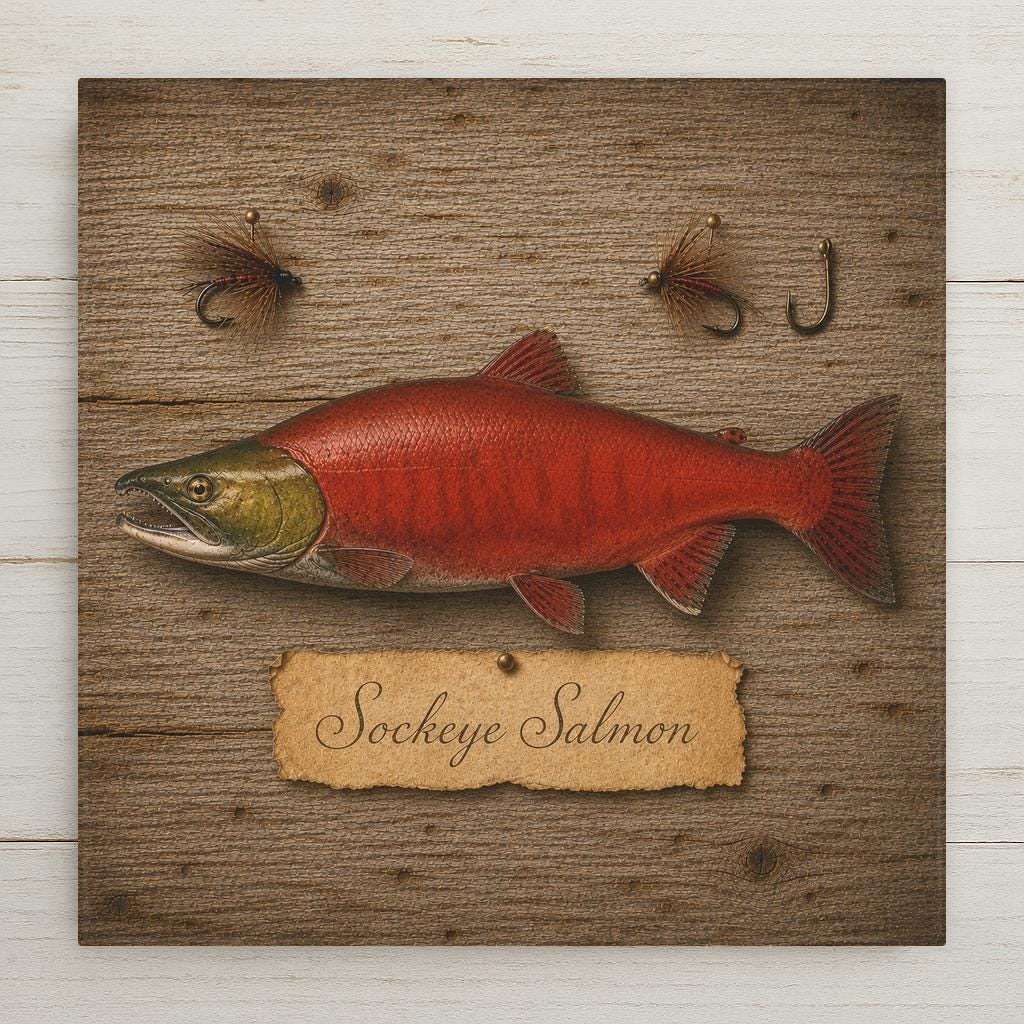 Sockeye salmon ceramic tile art in vintage specimen plate style with a hand-painted-style red and green spawning sockeye, tied fly fishing flies and an aged paper name label on weathered barnwood
