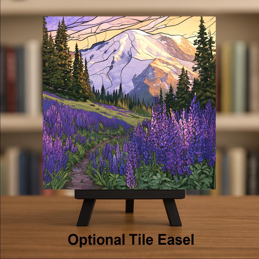 Mount Rainier Lupine Ceramic Tile Wall Art Pacific Northwest Art Stained Glass Style Mountain Meadow Purple Flower Decor
