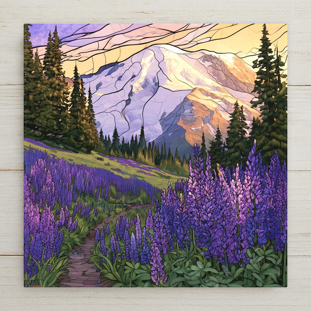 Mount Rainier lupine ceramic tile art in stained glass style with the snow-capped peak at golden hour above a purple lupine wildflower meadow, evergreens and a winding trail