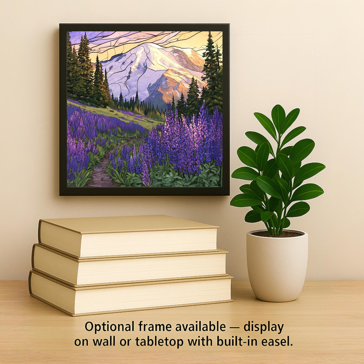 Mount Rainier Lupine Ceramic Tile Wall Art Pacific Northwest Art Stained Glass Style Mountain Meadow Purple Flower Decor
