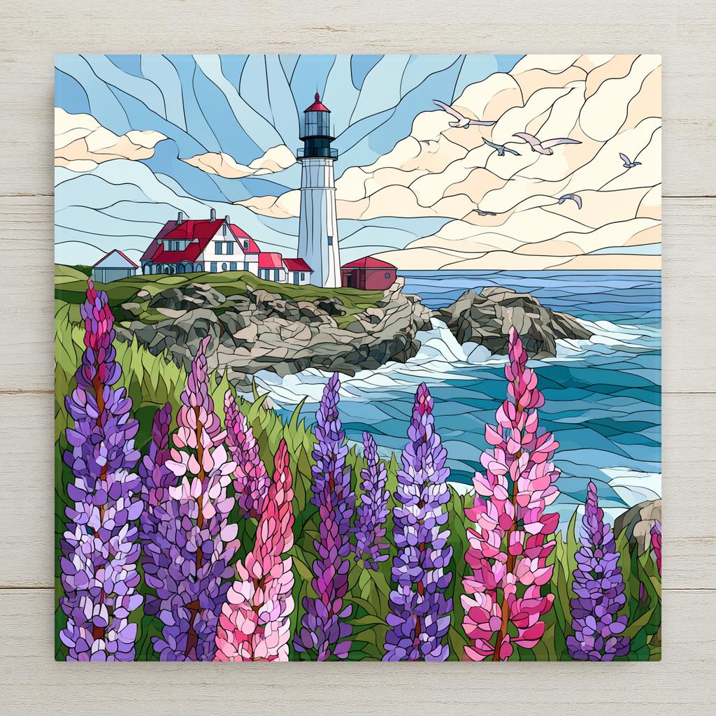 Maine coast lupine ceramic tile art in stained glass style with a white lighthouse on a rocky point, ocean waves, gulls and purple and pink lupine flowers in the foreground