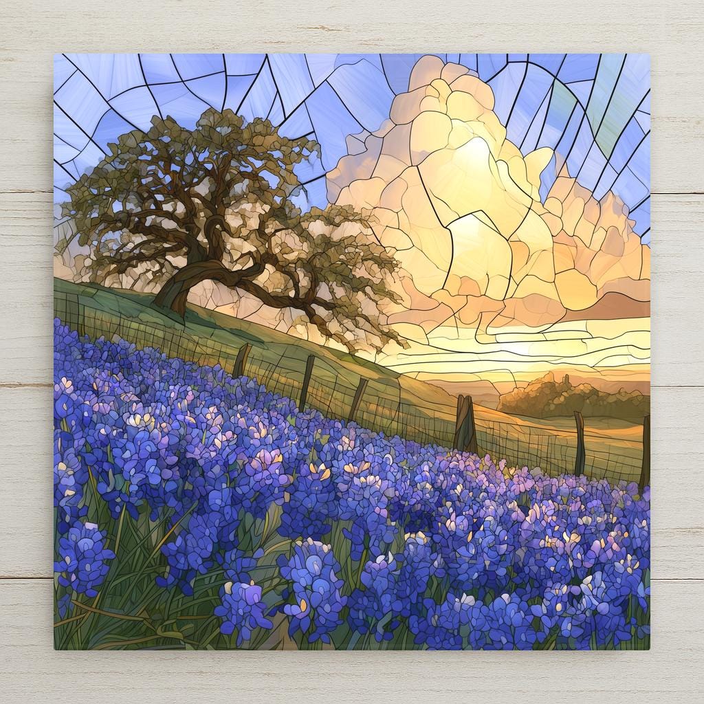 Texas bluebonnet ceramic tile art in stained glass style with a field of blue wildflowers, a gnarled live oak tree, ranch fence line and golden sunset clouds over the Hill Country