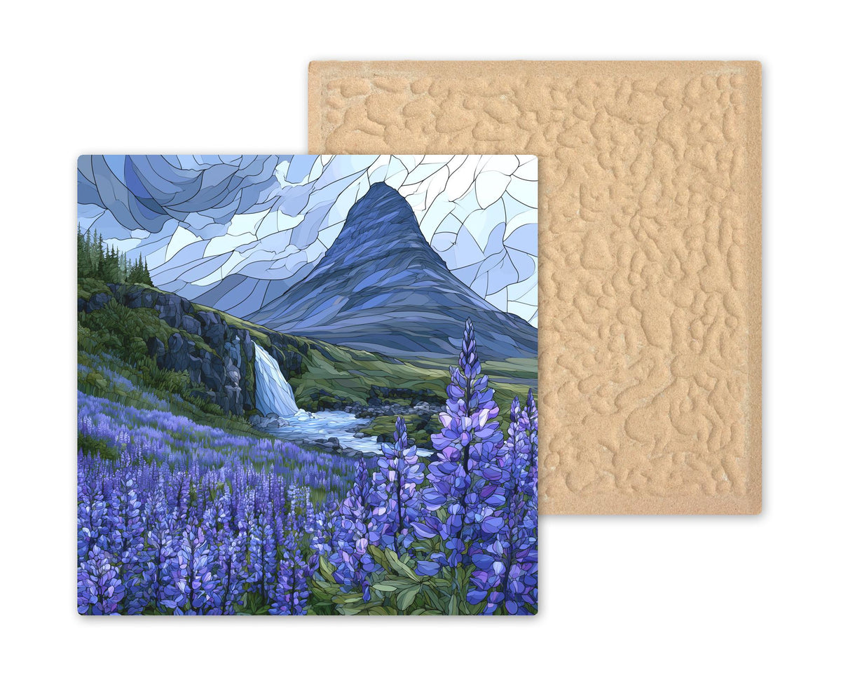 Iceland Lupine Ceramic Tile Wall Art Purple Flower Field Stained Glass Style Nordic Decor Travel Wall Art Scandinavian Style