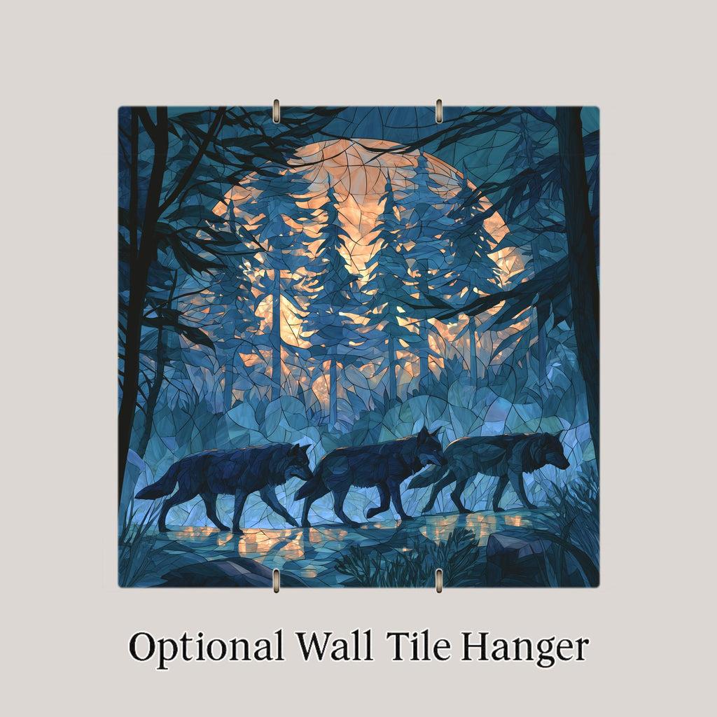 Wolf Pack Ceramic Tile Wall Art Stained Glass Style Full Moon Forest Wolves Wildlife Decor Wolf Lover Gift