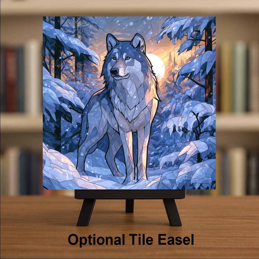 Winter Wolf Ceramic Tile Wall Art Snowy Forest Sunrise Wildlife Decor Wolf Lover Gift Cabin Wall Decor