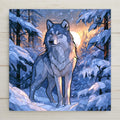 Ceramic art tile of a lone gray wolf standing in deep snow, snow-laden branches drawn as leaded glass panes around a painterly golden sunrise