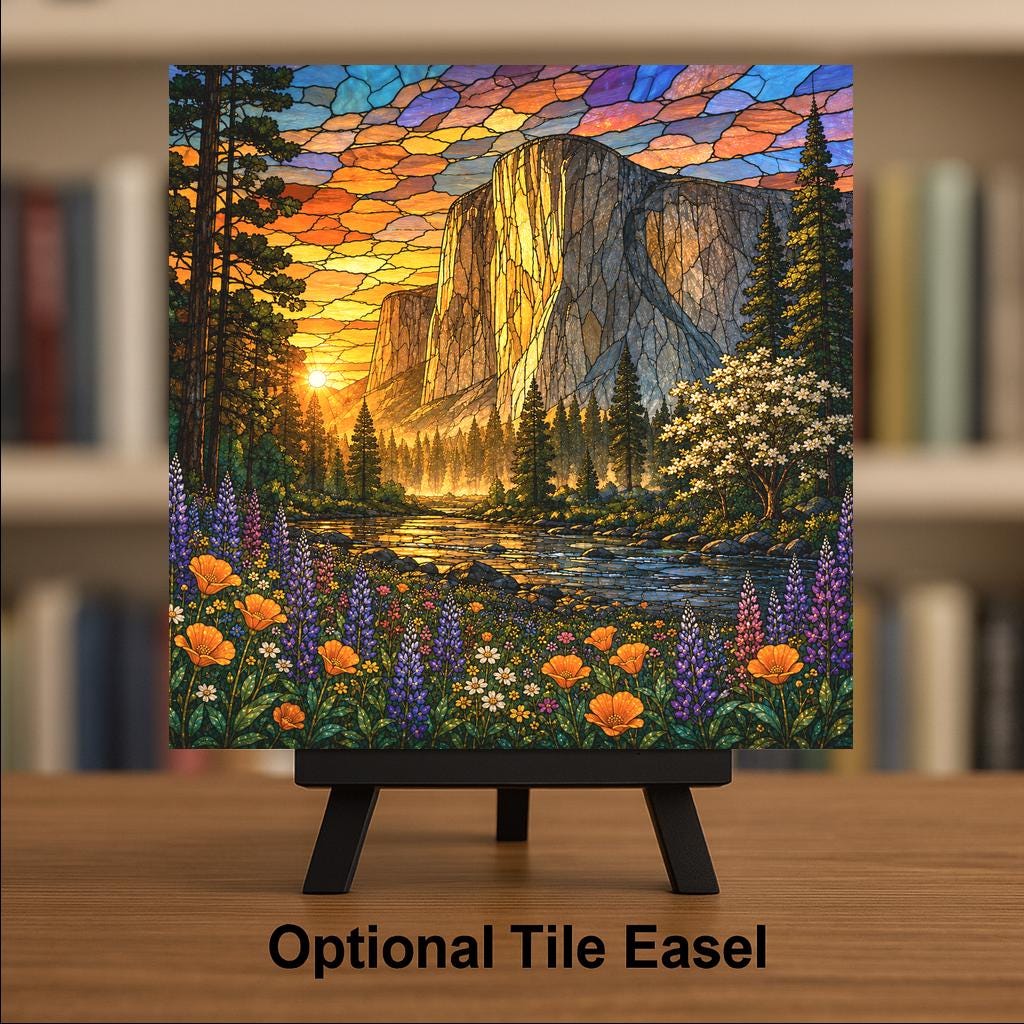 Yosemite Valley Wall Art Ceramic Tile Stained Glass Style El Capitan Meadow National Park Cabin Decor Mountain Nature Art