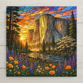 Stained glass style ceramic art tile of El Capitan in Yosemite Valley at sunset with the Merced River, purple lupine, California poppies, and a flowering dogwood tree