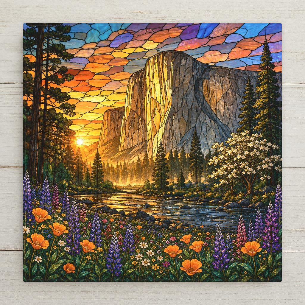 Stained glass style ceramic art tile of El Capitan in Yosemite Valley at sunset with the Merced River, purple lupine, California poppies, and a flowering dogwood tree
