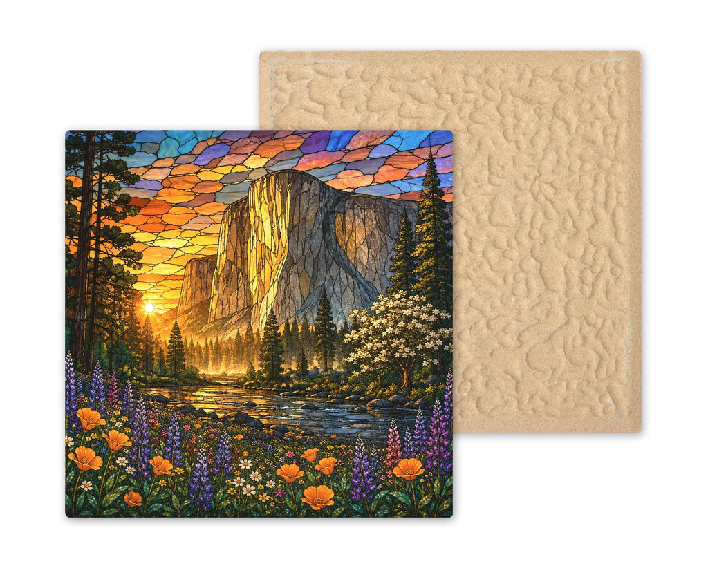 Yosemite Valley Wall Art Ceramic Tile Stained Glass Style El Capitan Meadow National Park Cabin Decor Mountain Nature Art
