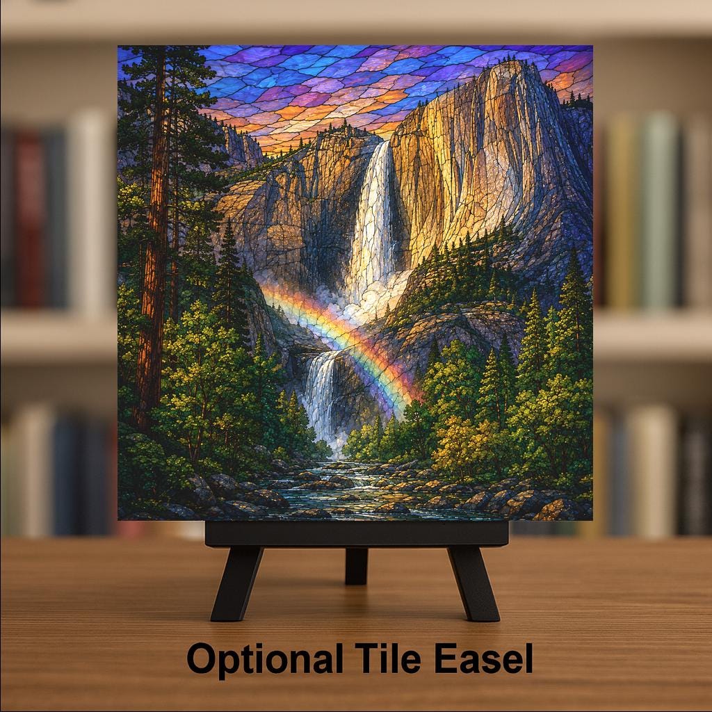 Yosemite Falls Wall Art Ceramic Tile Stained Glass Style Waterfall Rainbow Mist National Park Woodland Decor Nature Art