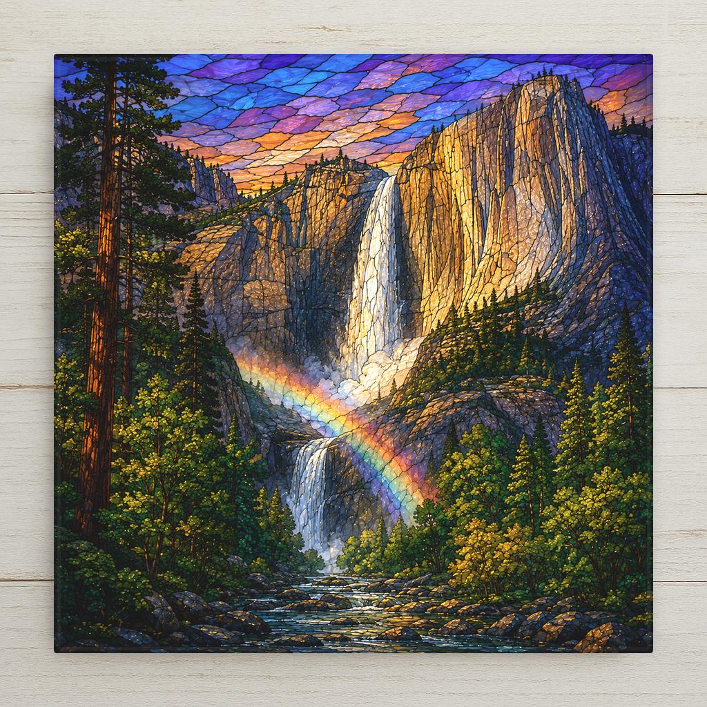 Stained glass style ceramic art tile of Yosemite Falls in full spring flow with a rainbow arcing through the mist at the base, surrounded by green forest under a purple and gold sky