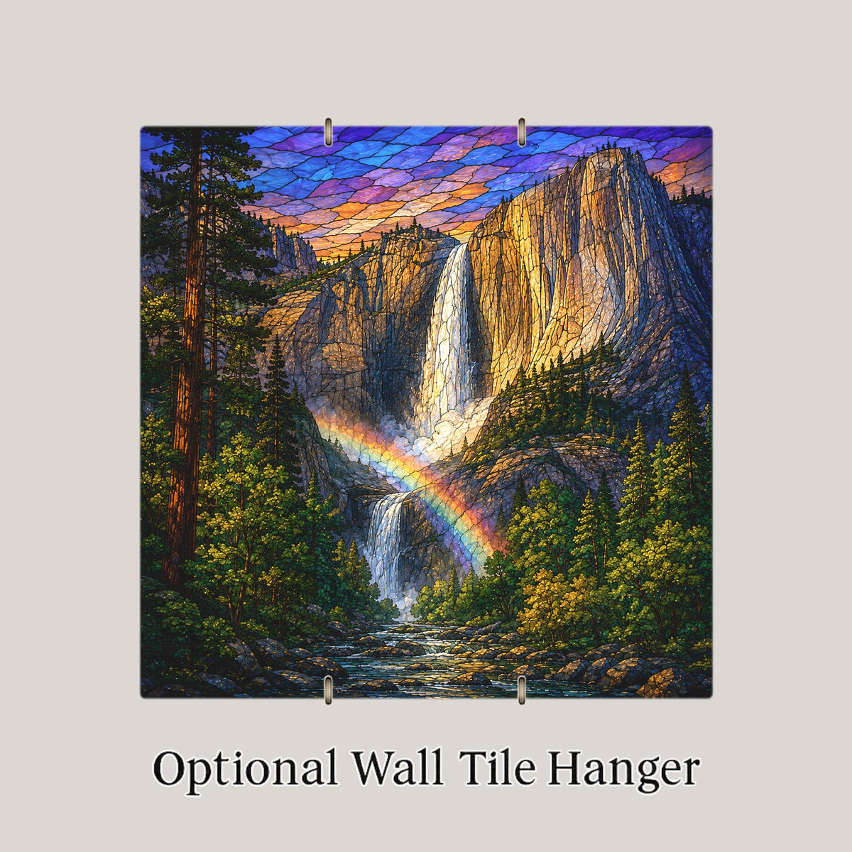 Yosemite Falls Wall Art Ceramic Tile Stained Glass Style Waterfall Rainbow Mist National Park Woodland Decor Nature Art