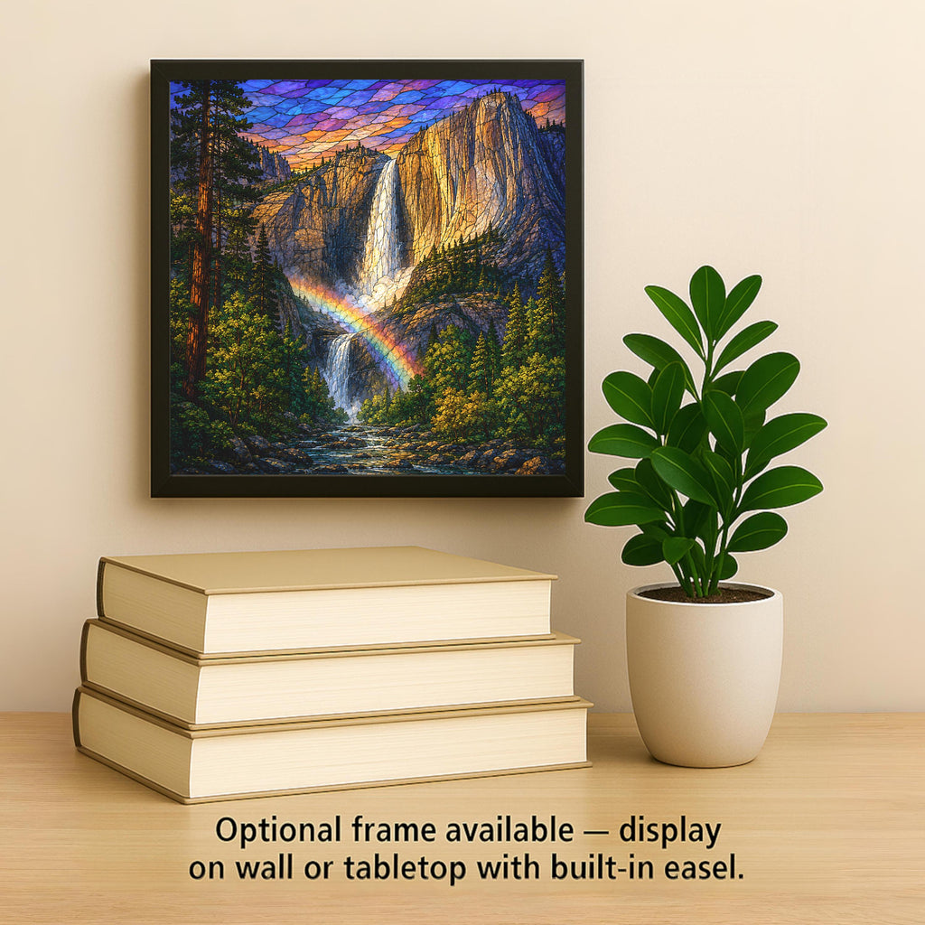 Yosemite Falls Wall Art Ceramic Tile Stained Glass Style Waterfall Rainbow Mist National Park Woodland Decor Nature Art