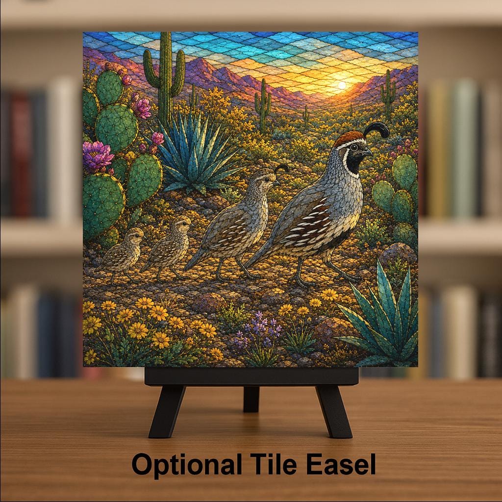 Gambel Quail Family Wall Art Ceramic Tile Stained Glass Style Desert Covey Saguaro Southwest Decor Desert Bird Nature Art
