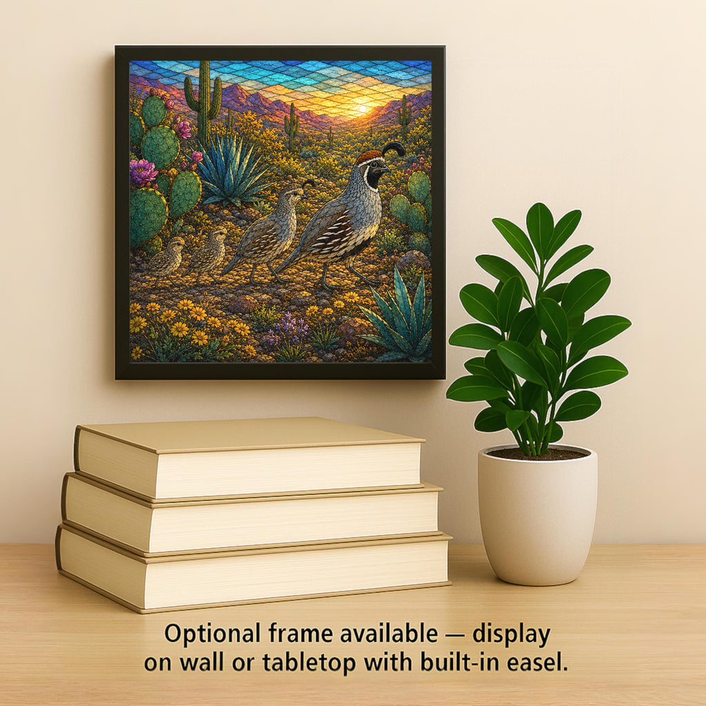 Gambel Quail Family Wall Art Ceramic Tile Stained Glass Style Desert Covey Saguaro Southwest Decor Desert Bird Nature Art