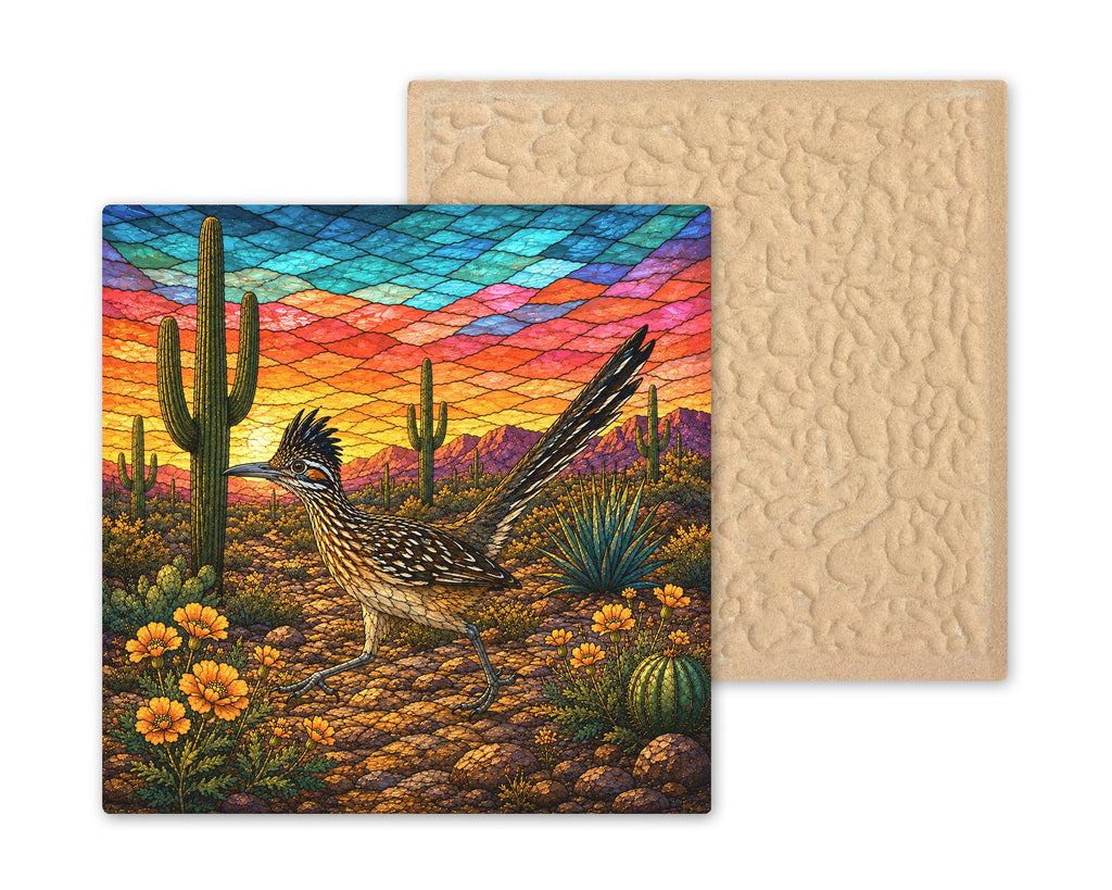 Roadrunner Wall Art Ceramic Tile Stained Glass Style Sonoran Desert Bird Saguaro Cactus Southwest Decor Desert Nature Art
