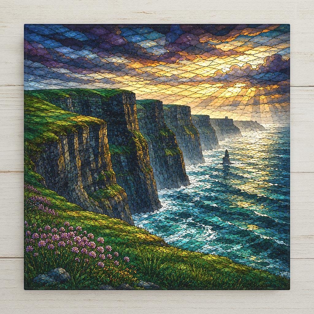Stained glass style ceramic art tile of the Cliffs of Moher in Ireland receding into golden Atlantic mist with emerald clifftop grass, pink sea thrift flowers, and sunbeams breaking through clouds