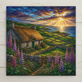 Stained glass style ceramic art tile of a thatched Irish stone cottage with tall purple foxglove spires and daisies in the garden, dry stone walls, and emerald patchwork fields running down to the sea