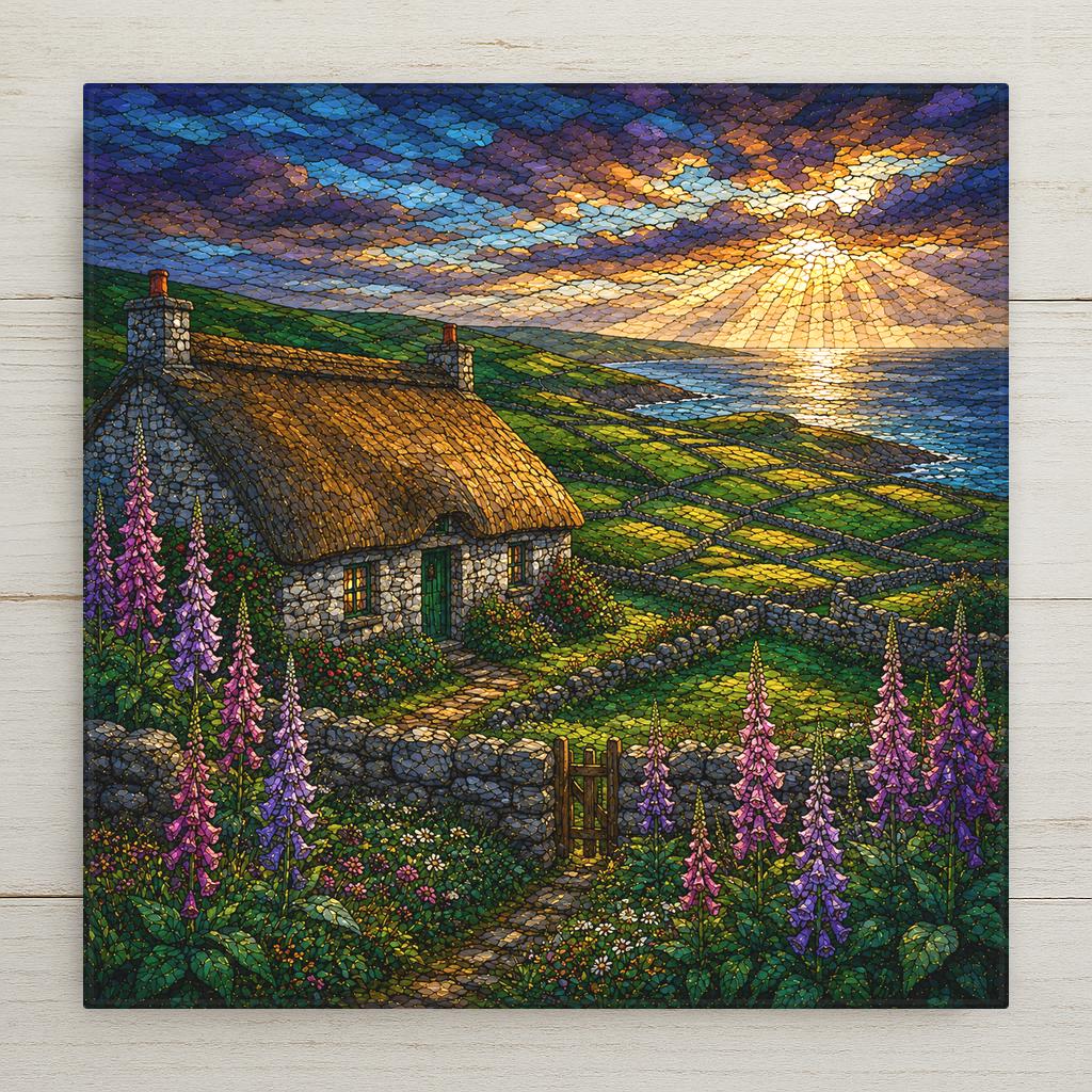 Stained glass style ceramic art tile of a thatched Irish stone cottage with tall purple foxglove spires and daisies in the garden, dry stone walls, and emerald patchwork fields running down to the sea