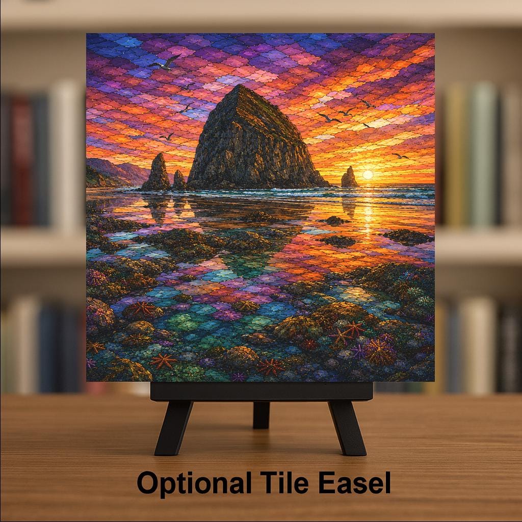 Cannon Beach Wall Art Ceramic Tile Stained Glass Style Haystack Rock Oregon Coast Beach House Decor Coastal Nature Art