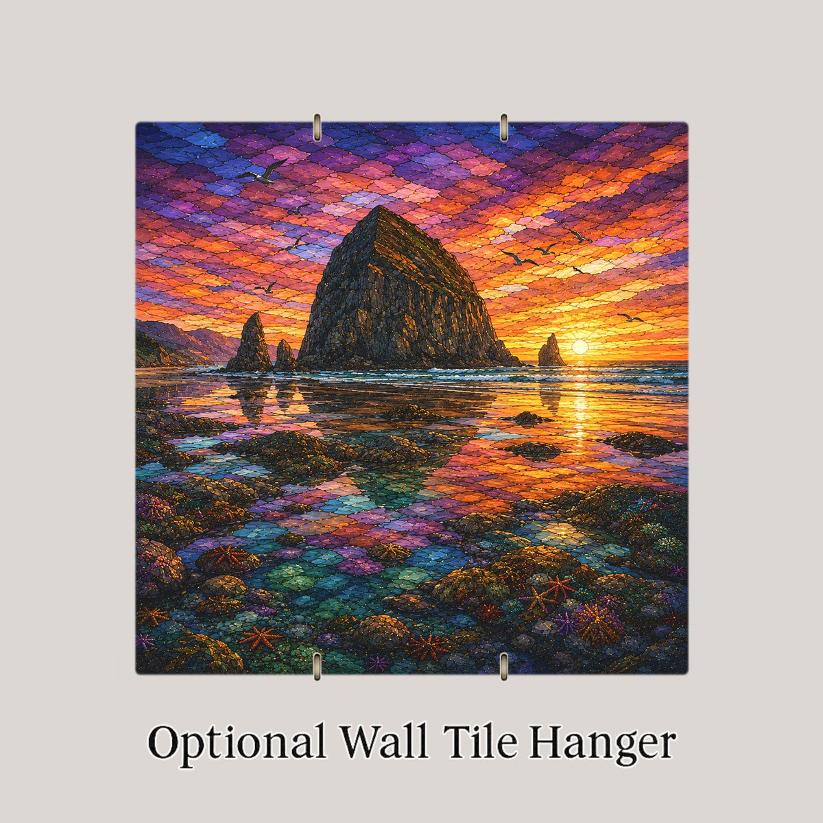 Cannon Beach Wall Art Ceramic Tile Stained Glass Style Haystack Rock Oregon Coast Beach House Decor Coastal Nature Art
