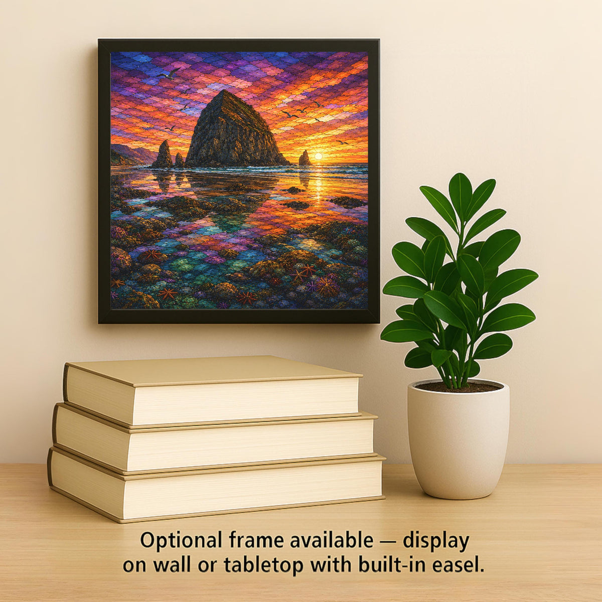 Cannon Beach Wall Art Ceramic Tile Stained Glass Style Haystack Rock Oregon Coast Beach House Decor Coastal Nature Art