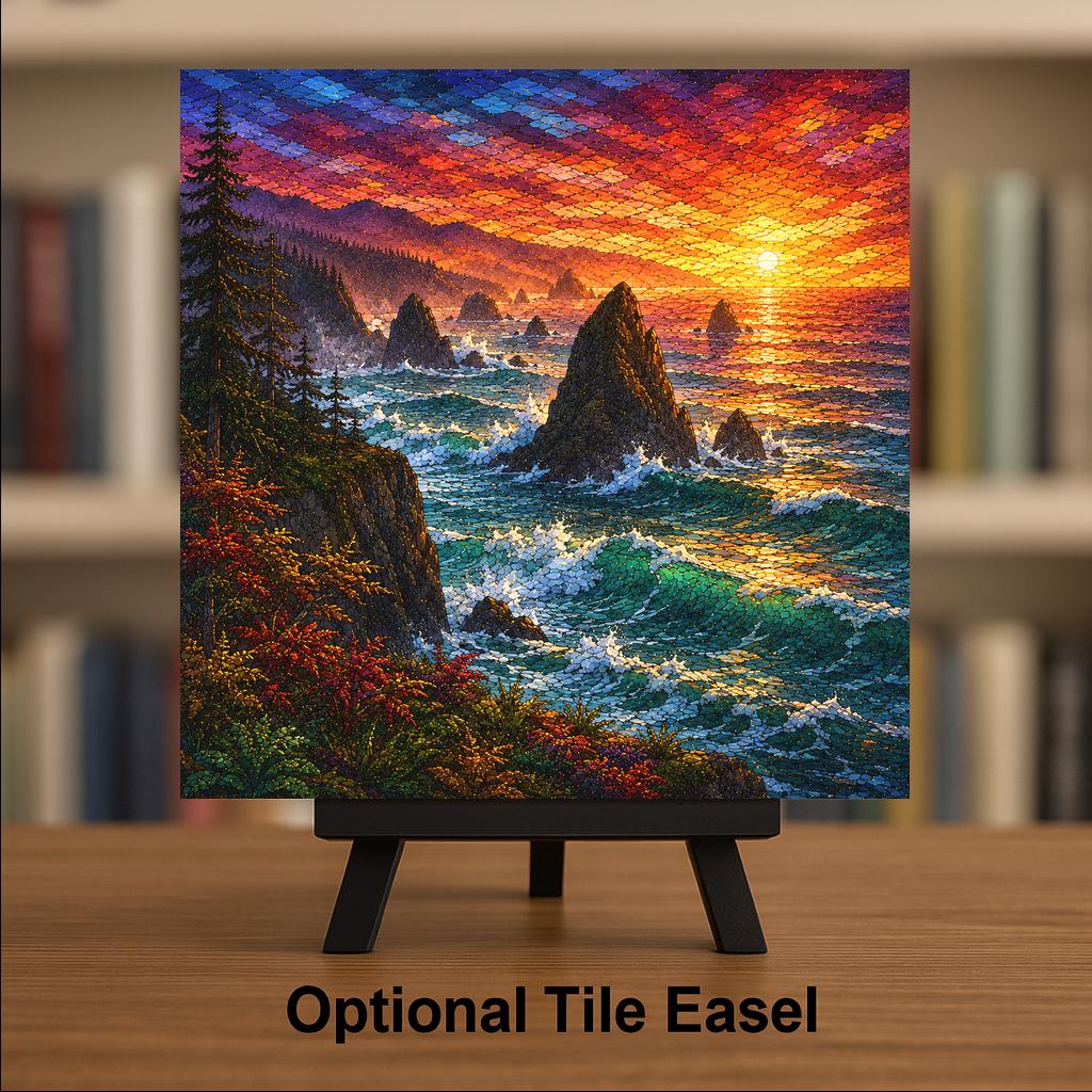 Oregon Coast Sea Stacks Wall Art Ceramic Tile Stained Glass Style Pacific Sunset Beach House Wall Decor Ocean Nature Art