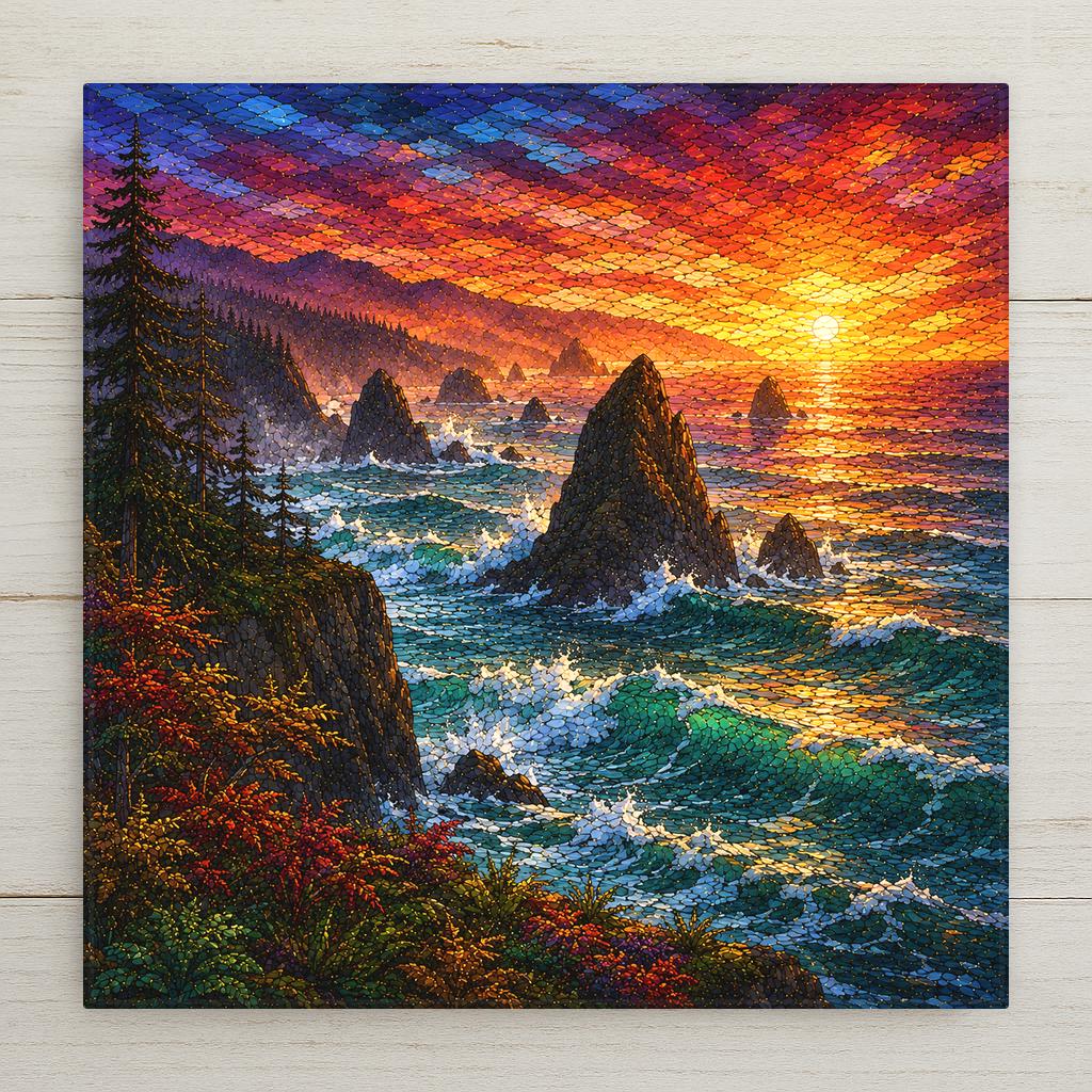 Stained glass style ceramic art tile of rugged Oregon coast sea stacks with crashing teal surf, evergreen cliffs and red autumn shrubs, under a fiery orange and violet sunset