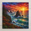 Stained glass style ceramic art tile of rugged Oregon coast sea stacks with crashing teal surf, evergreen cliffs and red autumn shrubs, under a fiery orange and violet sunset