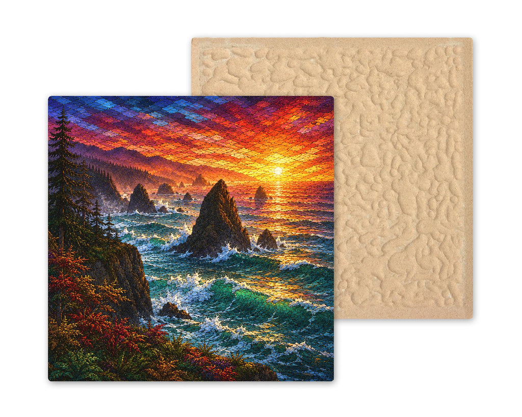 Oregon Coast Sea Stacks Wall Art Ceramic Tile Stained Glass Style Pacific Sunset Beach House Wall Decor Ocean Nature Art