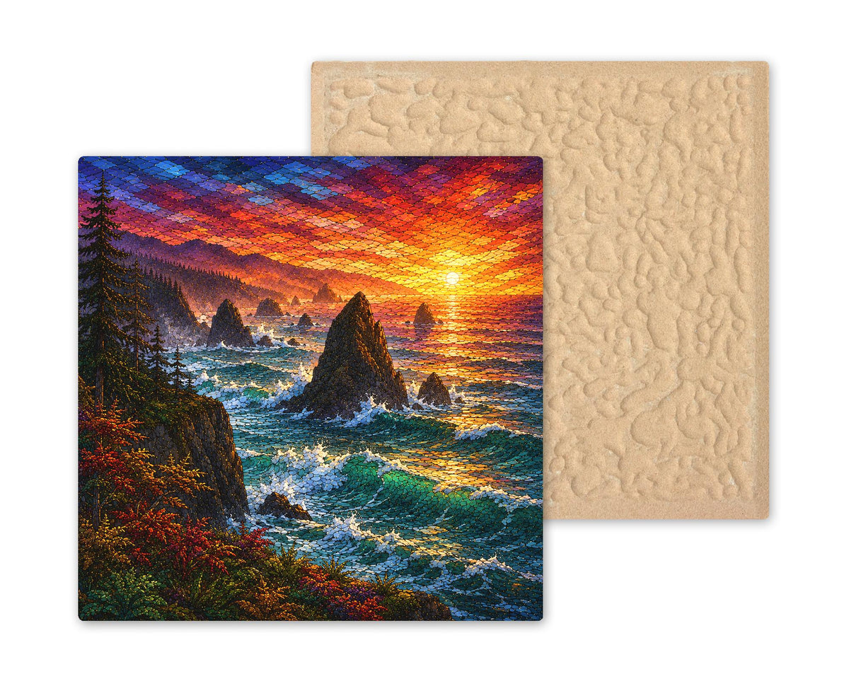 Oregon Coast Sea Stacks Wall Art Ceramic Tile Stained Glass Style Pacific Sunset Beach House Wall Decor Ocean Nature Art
