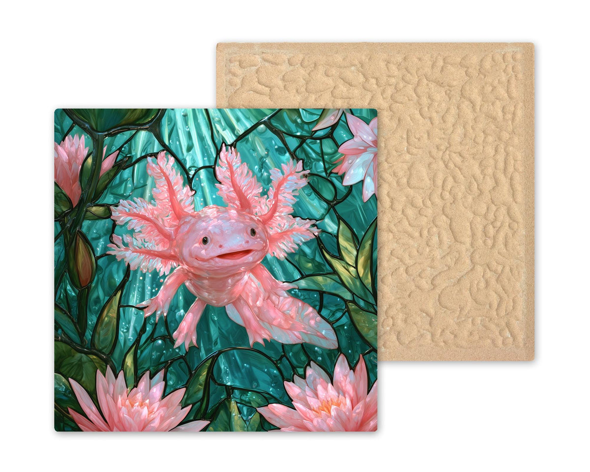 Axolotl Wall Art Ceramic Tile Stained Glass Style Pink Water Lily Pond Whimsical Aquatic Pet Decor Cute Animal Nature Art