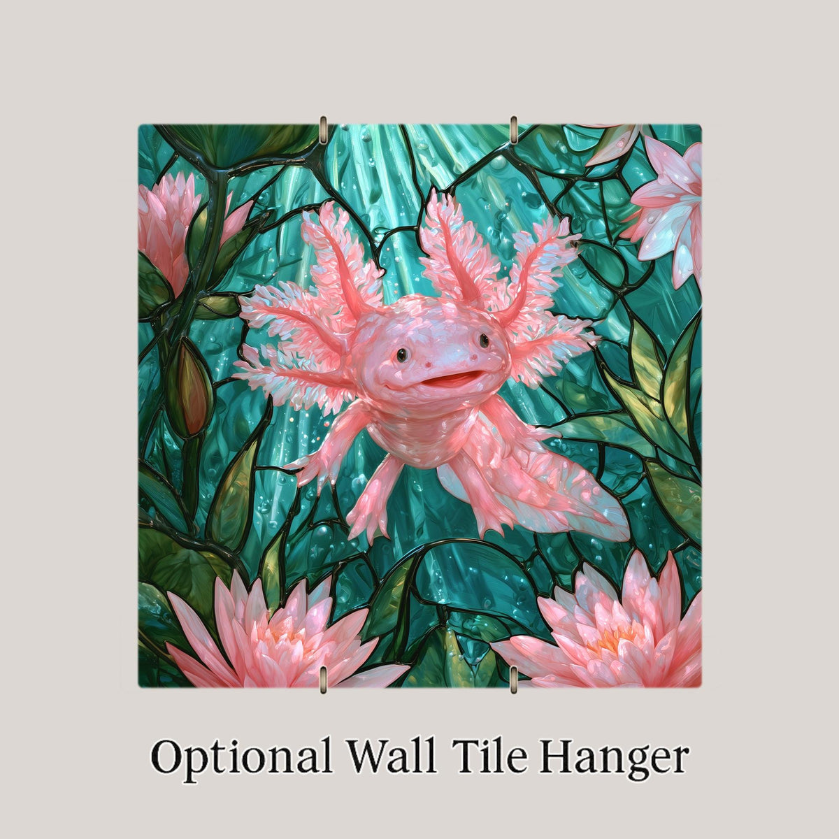 Axolotl Wall Art Ceramic Tile Stained Glass Style Pink Water Lily Pond Whimsical Aquatic Pet Decor Cute Animal Nature Art