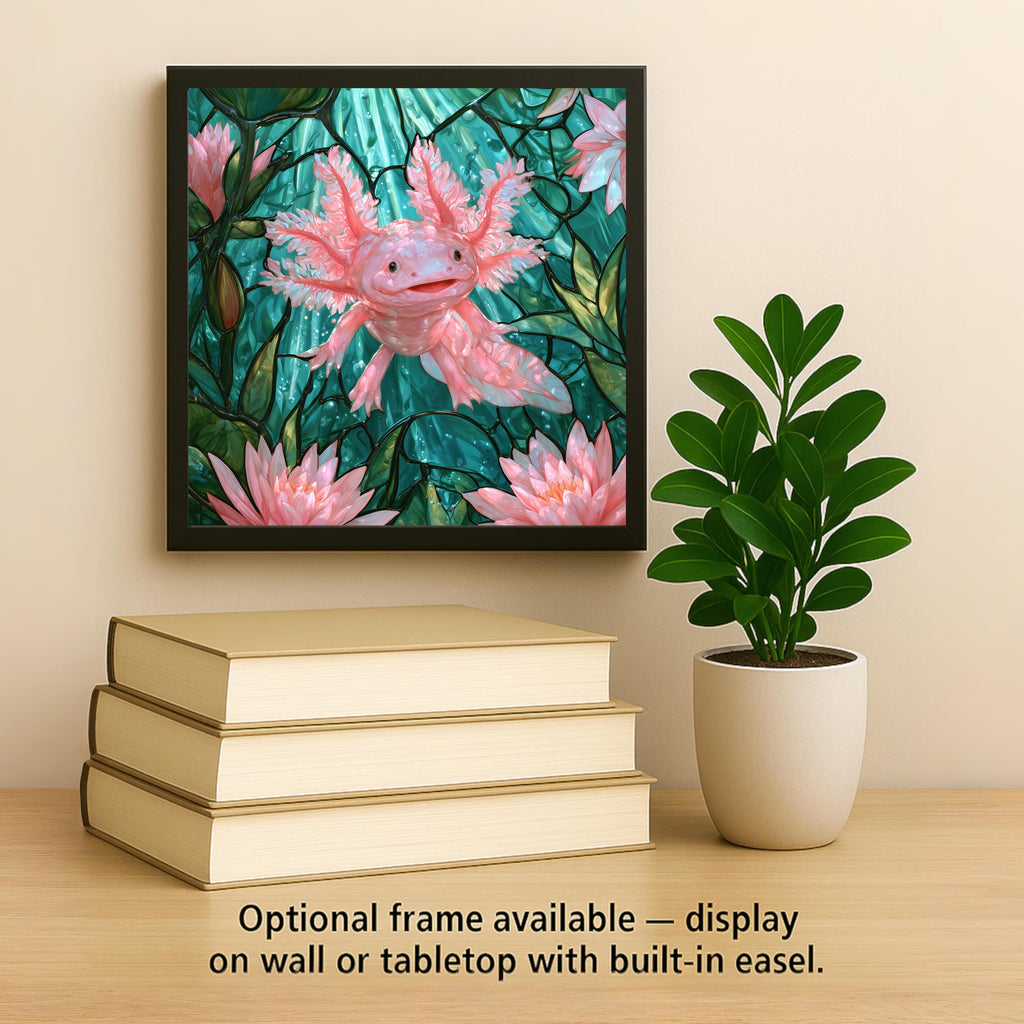 Axolotl Wall Art Ceramic Tile Stained Glass Style Pink Water Lily Pond Whimsical Aquatic Pet Decor Cute Animal Nature Art