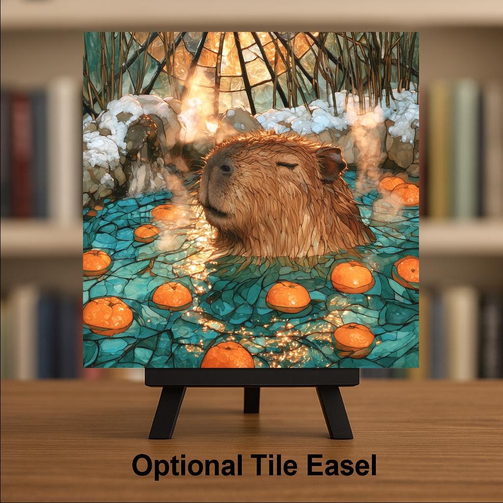 Capybara Wall Art Ceramic Tile Stained Glass Style Hot Spring Oranges Japanese Onsen Whimsical Animal Decor Cozy Nature Art