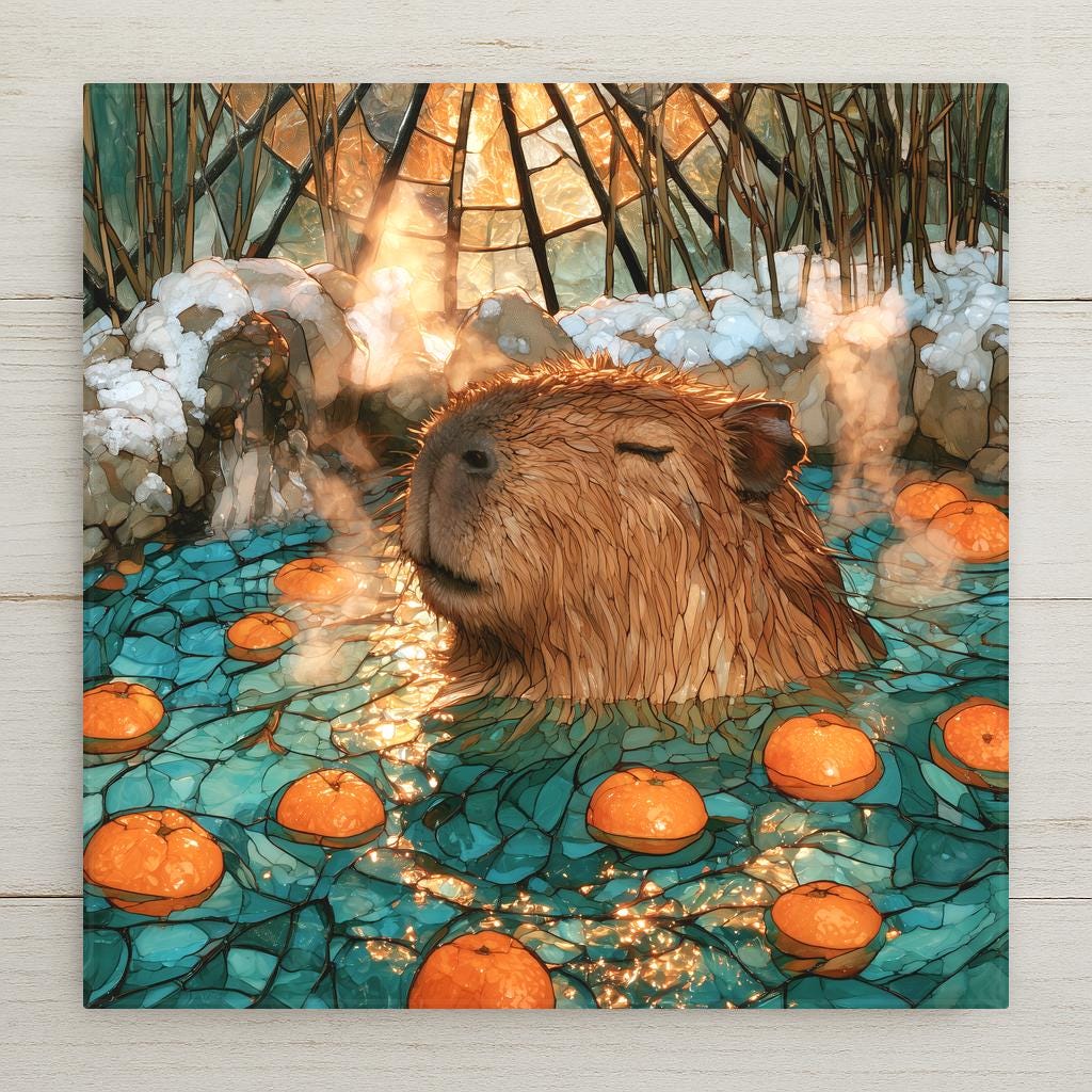 Stained glass style ceramic art tile of a serene capybara soaking in a steaming turquoise hot spring with floating oranges, snow dusted rocks, and golden light through bamboo