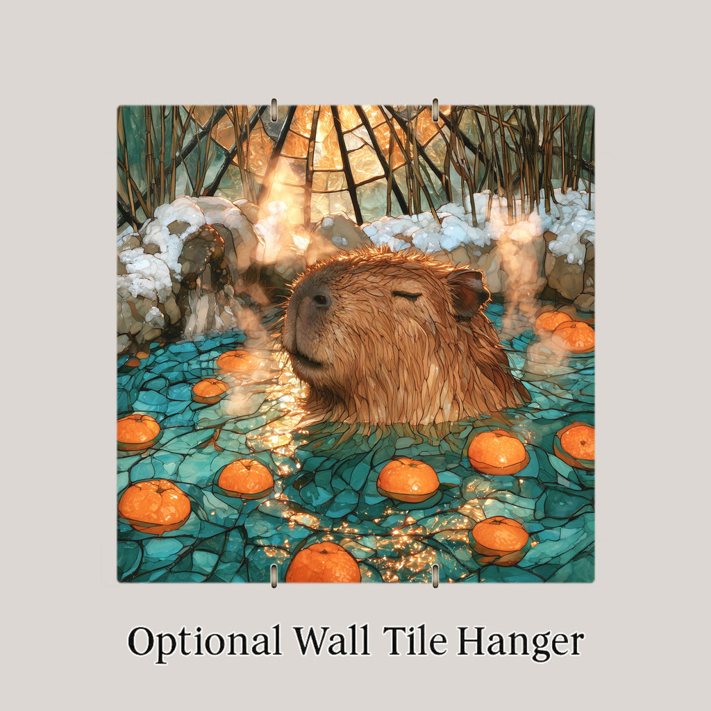 Capybara Wall Art Ceramic Tile Stained Glass Style Hot Spring Oranges Japanese Onsen Whimsical Animal Decor Cozy Nature Art