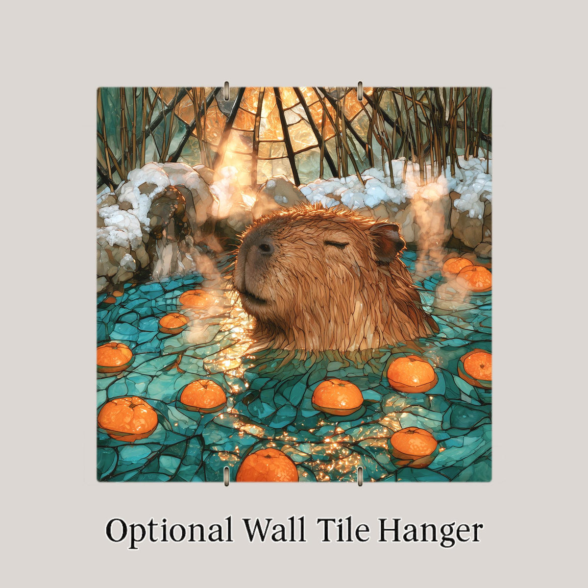Capybara Wall Art Ceramic Tile Stained Glass Style Hot Spring Oranges Japanese Onsen Whimsical Animal Decor Cozy Nature Art